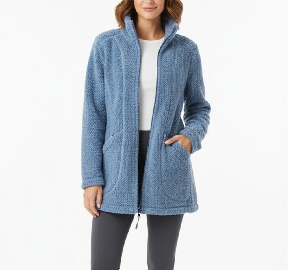 Athleta Teddy Fleece Boucle Blue Nubby Cozy Long Length Full Zip Jacket, Sz S